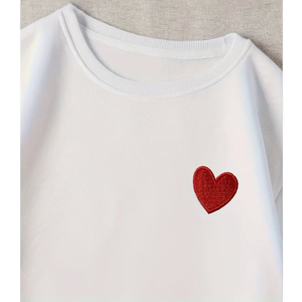 Callie Lives Red Heart on My Chest White Crew Neck Loose Fit Pullover Sweatshirt - Picture 2 of 5